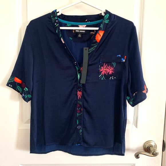 Room Service Floral Trim Button Pajama Top in Navy - Picture 1 of 8